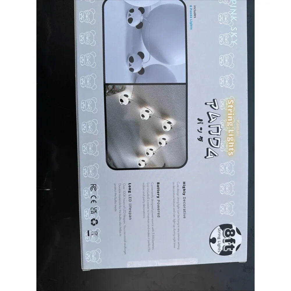 Pink Sky Kawaii Panda LED String Lights 8ft Battery Powered 8 Panda Lights NIB